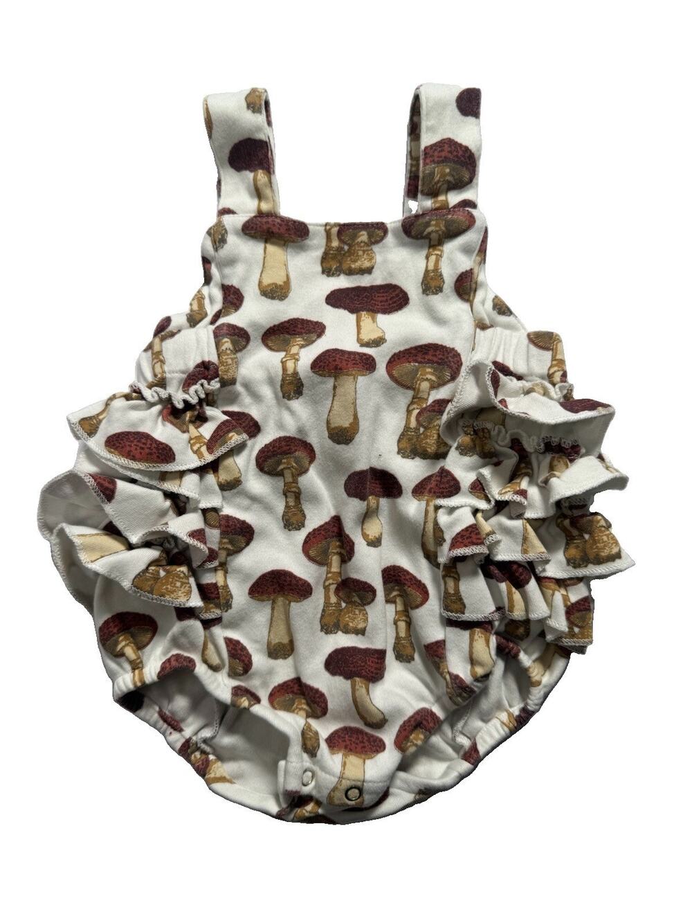 Kate Quinn Mushroom Print Ruffle Bubble Romper Baby Girls 0-12M Organic Cotton